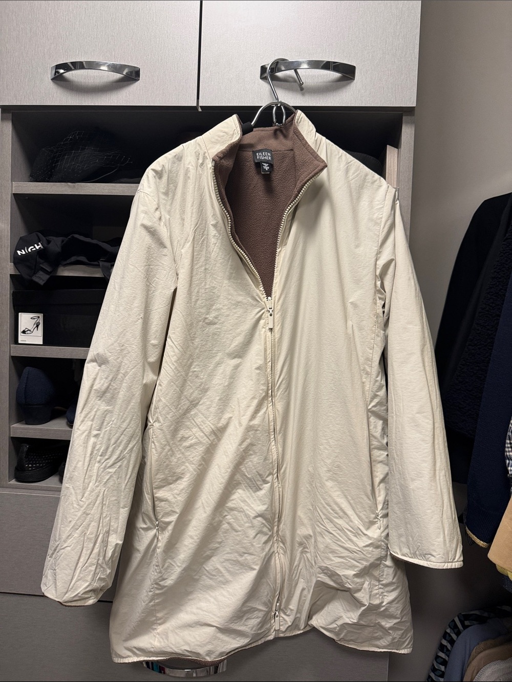 Eileen Fisher Cream Zip-Front Lightweight Trench Coat with Brown Lining